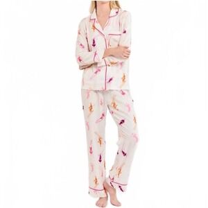 Katie Kime Skiers Pajama Set Long Sleeve White/Pink Large New With Tags